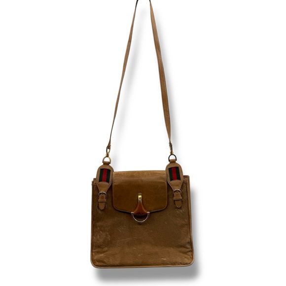 Vintage Gucci‎ Tan Pony Hair Snap Front Iconic Stripe Crossbody Bag 990014416 - Picture 1 of 16